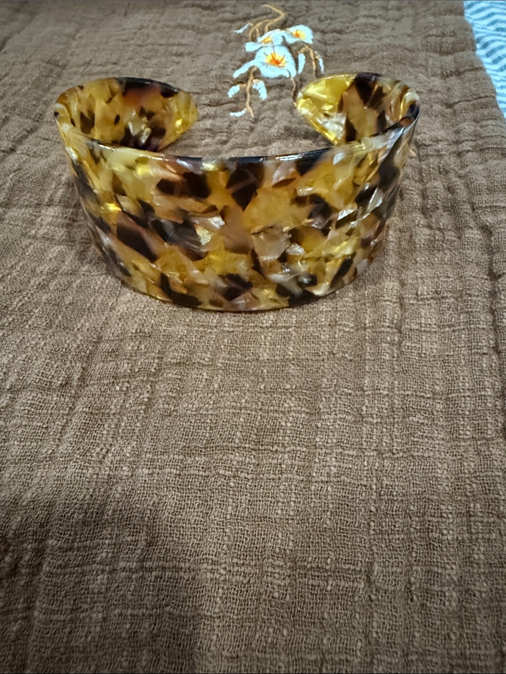 Tortoiseshell Resin Cuff Bracelet - Yellow Brown Pattern